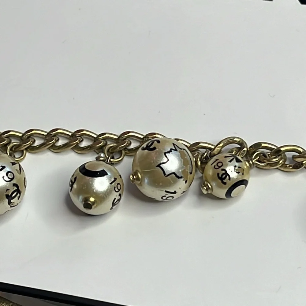 Chanel CC Faux Pearl Charm Gold Tone Chain Link Bracelet